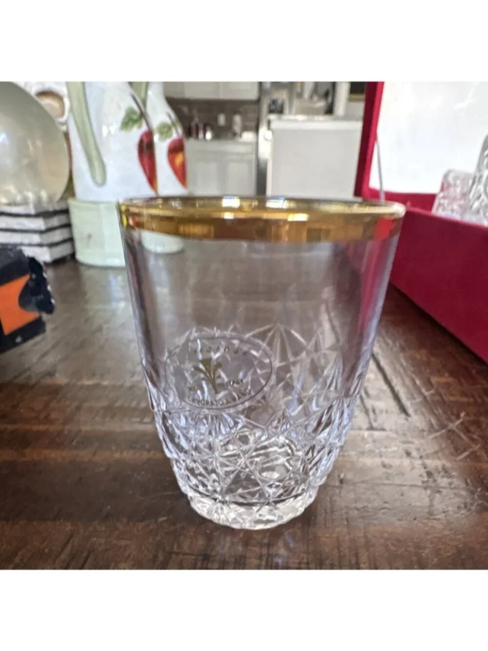 C.F. Design i Preziosi Crystal Decanter Set 6 Glasses Gold Rim Stopper Box-ITALY